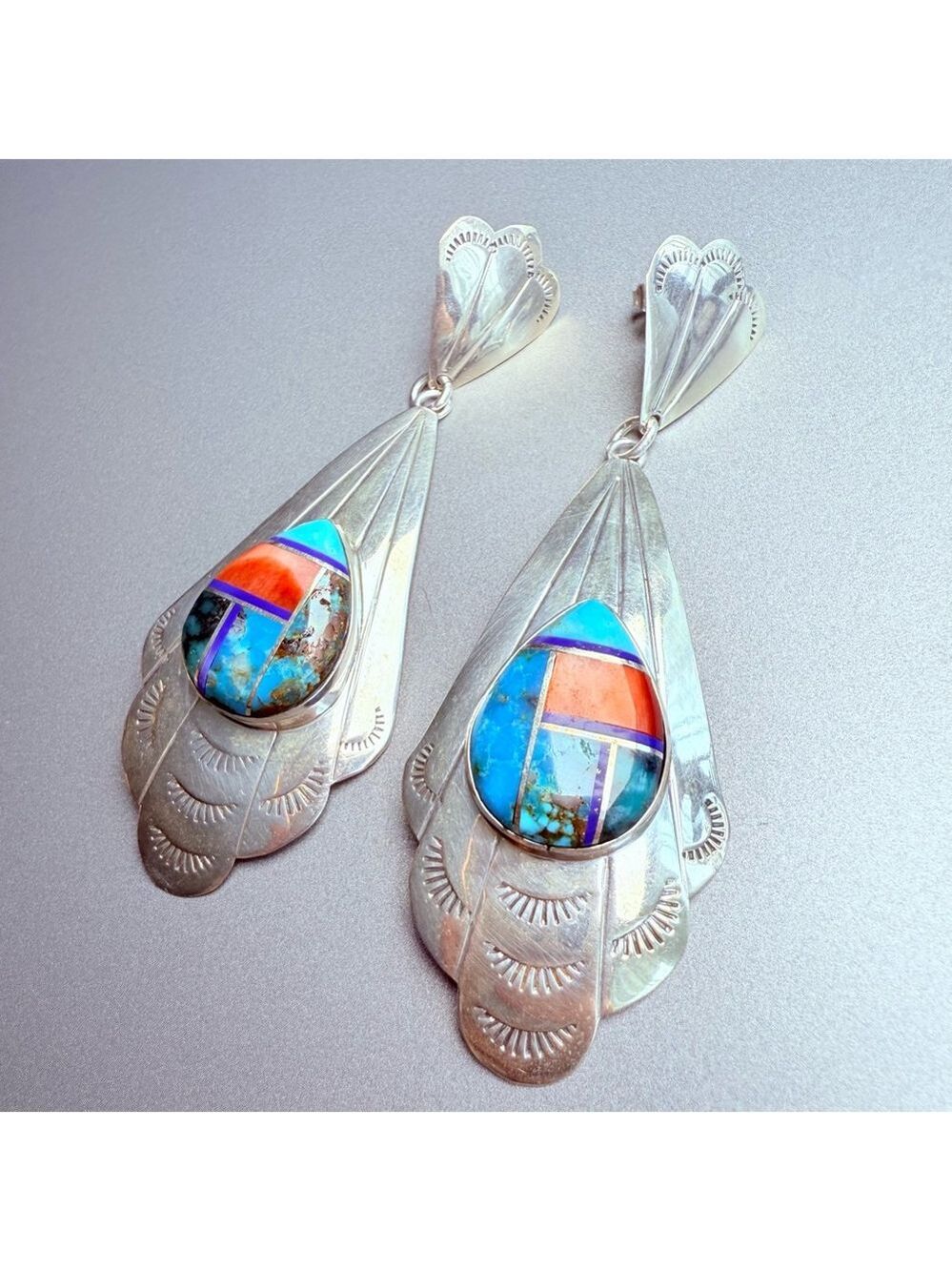 Native American Pete Sanchez Multi Gemstone Inlay Sterling Silver 3" Earrings